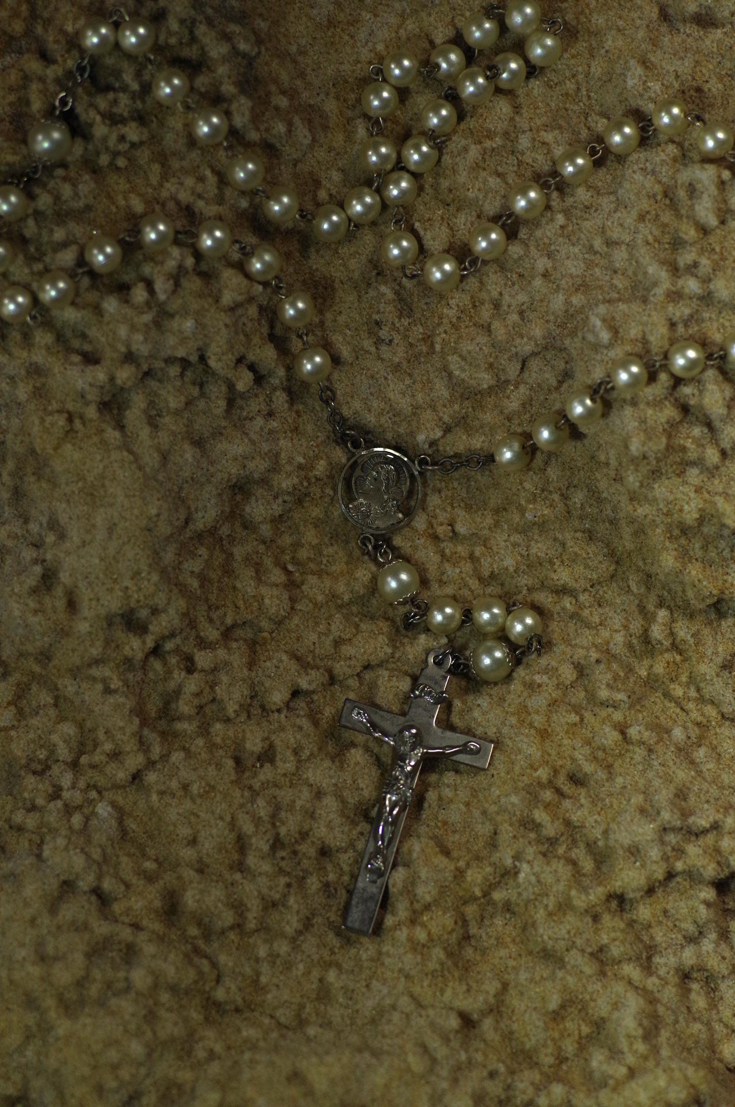 Vintage AFCO Glass Pearl Beaded Rosary, 713 Sterling
