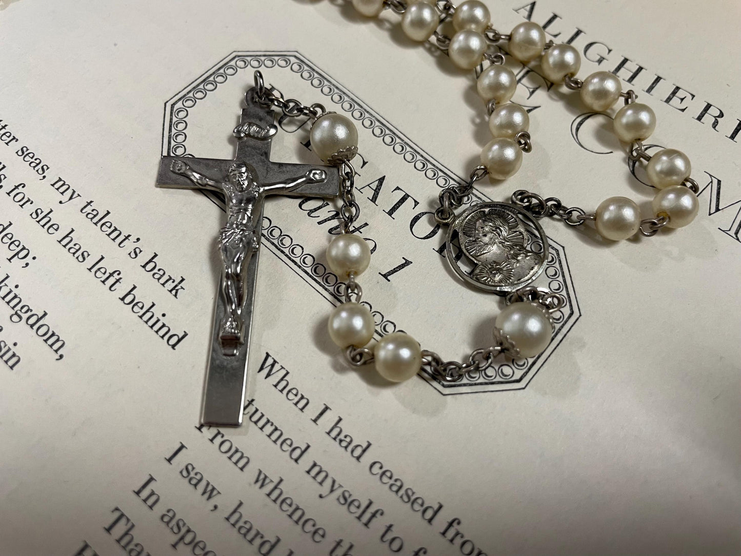 Vintage AFCO Glass Pearl Beaded Rosary, 713 Sterling