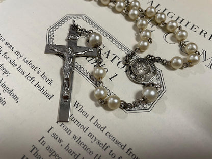 Vintage AFCO Glass Pearl Beaded Rosary, 713 Sterling