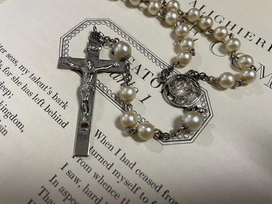 Vintage AFCO Glass Pearl Beaded Rosary, 713 Sterling
