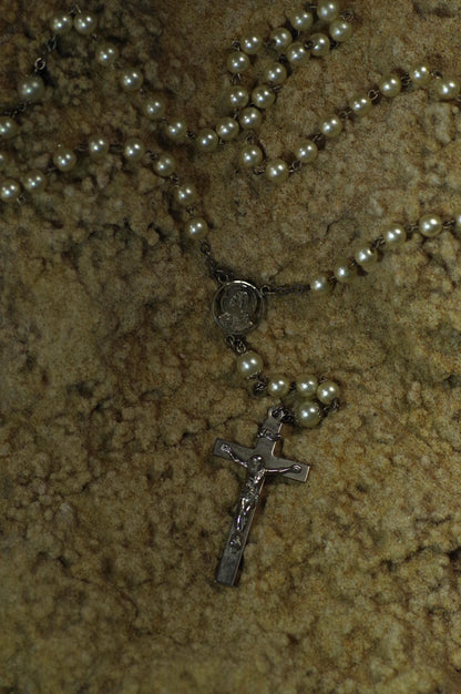 Vintage AFCO Glass Pearl Beaded Rosary, 713 Sterling